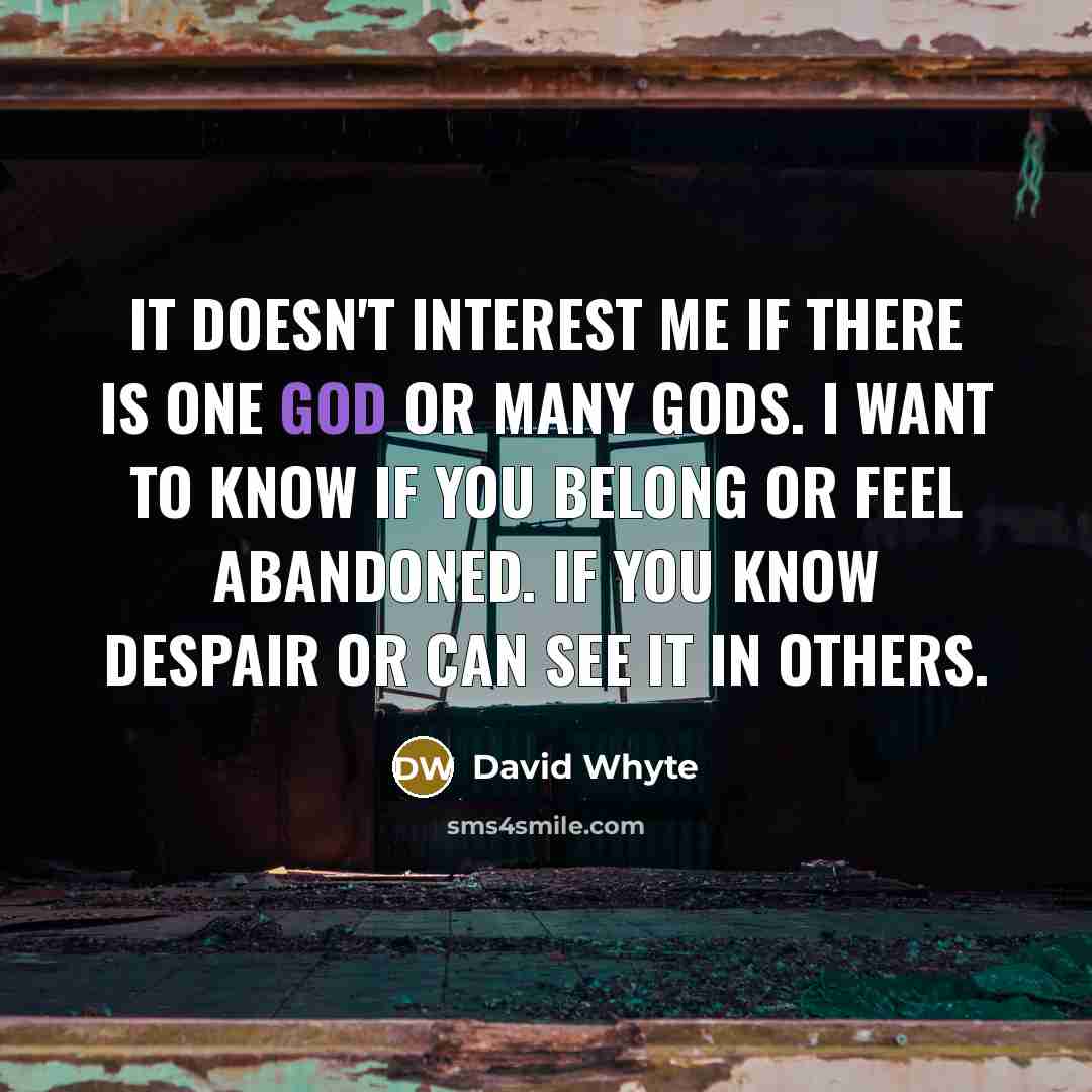 “It doesn't interest me if there is one God or many gods. I want to know if you belong or feel abandoned. If you know despair or can see it in others.” quote by David Whyte
