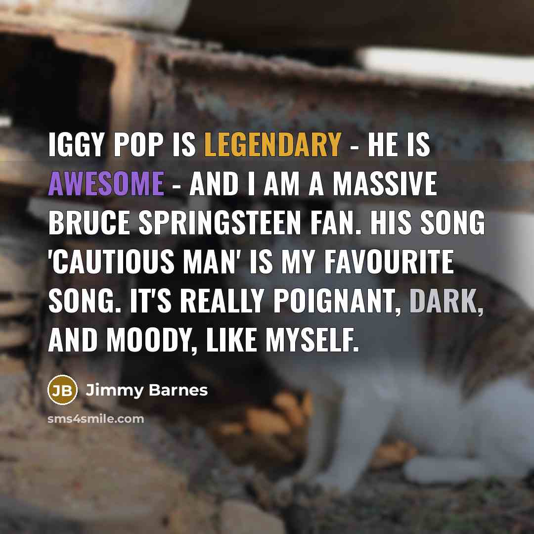 “Iggy Pop is legendary - he is awesome - and I am a massive Bruce Springsteen fan. His song 'Cautious Man' is my favourite song. It's really poignant, dark, and moody, like myself.” quote by Jimmy Barnes