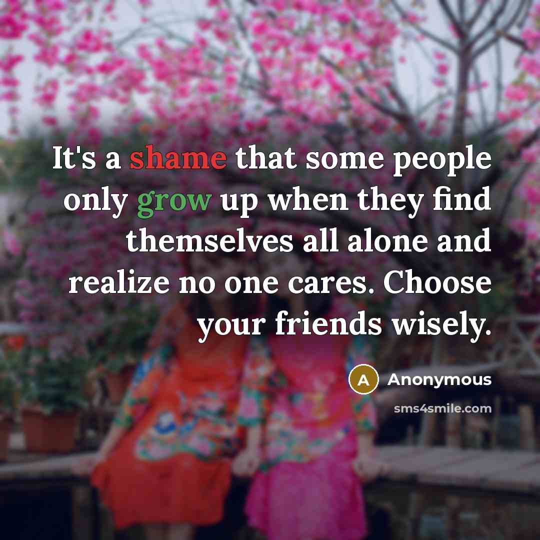“It's a shame that some people only grow up when they find themselves all alone and realize no one cares. Choose your friends wisely.” quote by Anonymous