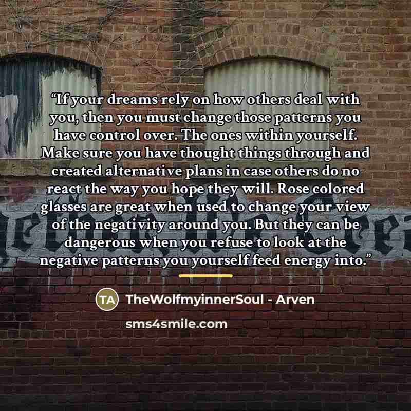“If your dreams rely on how others deal with you, then you must change those patterns you have control over. The ones within yourself. Make sure you have thought things through and created alternative plans in case others do no react the way you hope they will. Rose colored glasses are great when…” quote by TheWolfmyinnerSoul - Arven