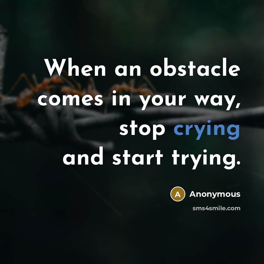 “When an obstacle comes in your way, stop crying and start trying.” quote by Anonymous
