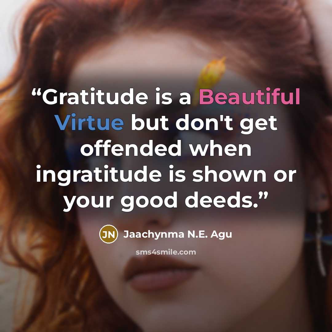 “Gratitude is a Beautiful Virtue but don't get offended when ingratitude is shown or your good deeds.” quote by Jaachynma N.E. Agu