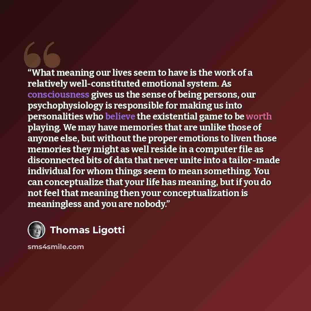 “What meaning our lives seem to have is the work of a relatively well-constituted emotional system. As consciousness gives us the sense of being persons, our psychophysiology is responsible for making us into personalities who believe the existential game to be worth playing. We may have memories…” quote by Thomas Ligotti