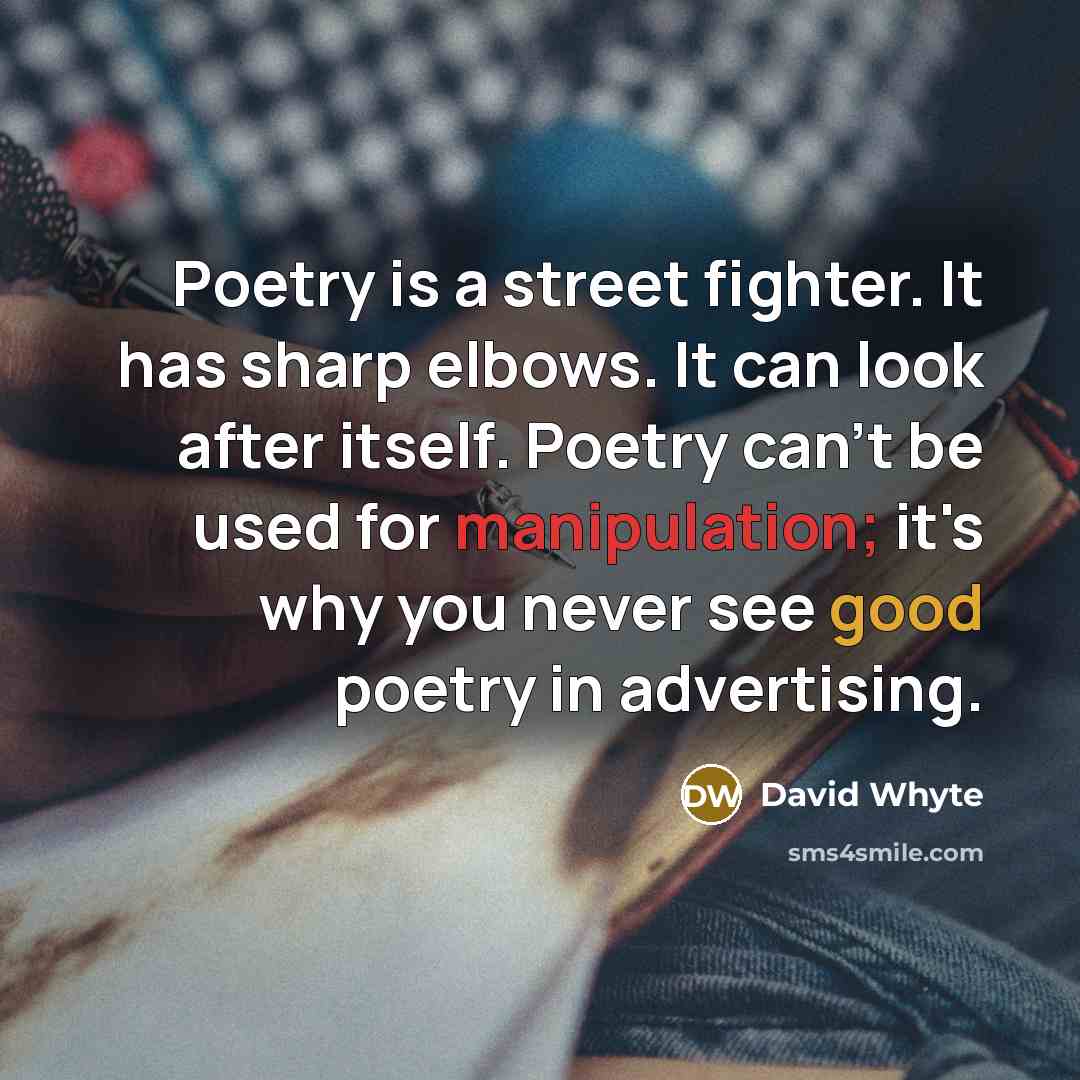 “Poetry is a street fighter. It has sharp elbows. It can look after itself. Poetry can't be used for manipulation; it's why you never see good poetry in advertising.” quote by David Whyte