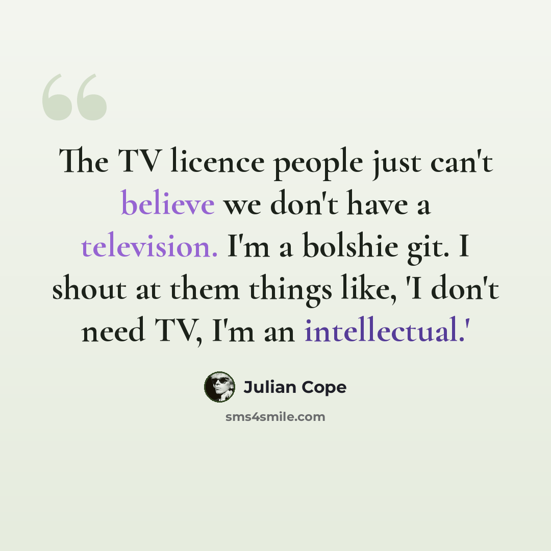 “The TV licence people just can't believe we don't have a television. I'm a bolshie git. I shout at them things like, 'I don't need TV, I'm an intellectual.'” quote by Julian Cope