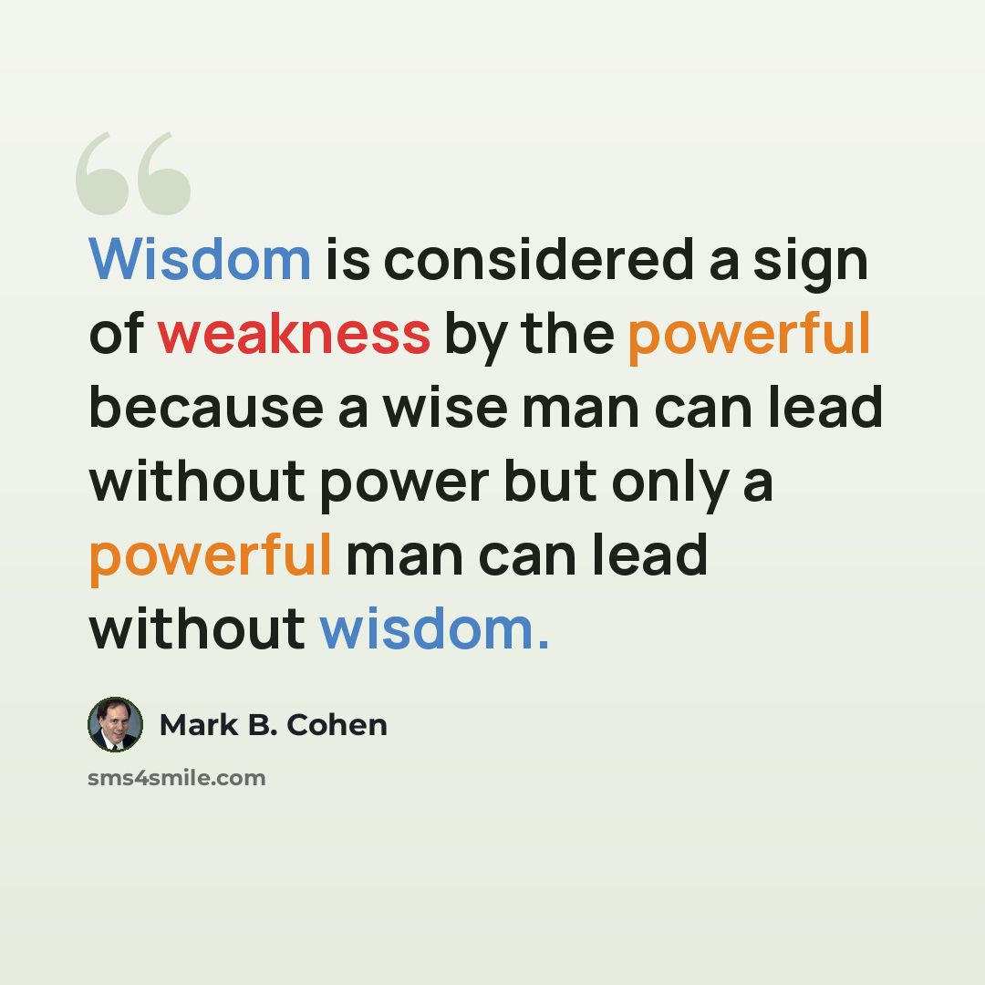 “Wisdom is considered a sign of weakness by the powerful because a wise man can lead without power but only a powerful man can lead without wisdom.” quote by Mark B. Cohen