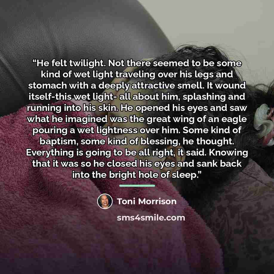 “He felt twilight. Not there seemed to be some kind of wet light traveling over his legs and stomach with a deeply attractive smell. It wound itself-this wet light- all about him, splashing and running into his skin. He opened his eyes and saw what he imagined was the great wing of an eagle pouring…” quote by Toni Morrison