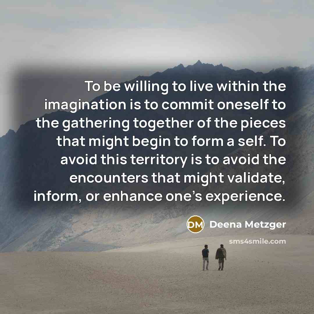 “To be willing to live within the imagination is to commit oneself to the gathering together of the pieces that might begin to form a self. To avoid this territory is to avoid the encounters that might validate, inform, or enhance one's experience.” quote by Deena Metzger