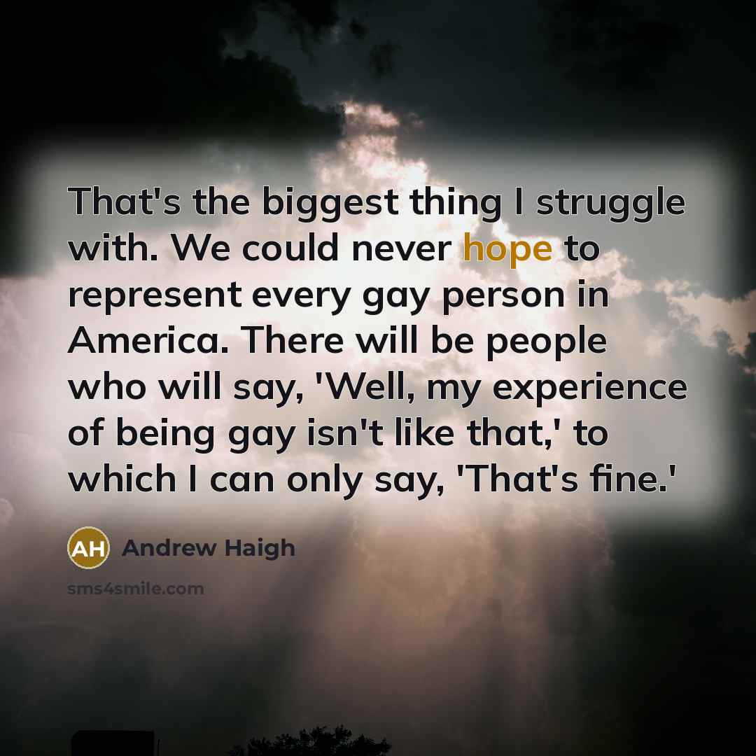 “That's the biggest thing I struggle with. We could never hope to represent every gay person in America. There will be people who will say, 'Well, my experience of being gay isn't like that,' to which I can only say, 'That's fine.'” quote by Andrew Haigh