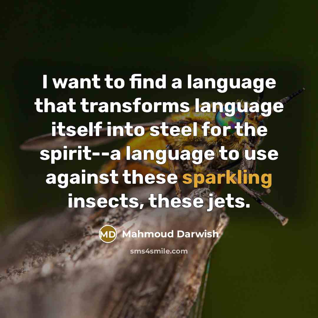 “I want to find a language that transforms language itself into steel for the spirit--a language to use against these sparkling insects, these jets.” quote by Mahmoud Darwish