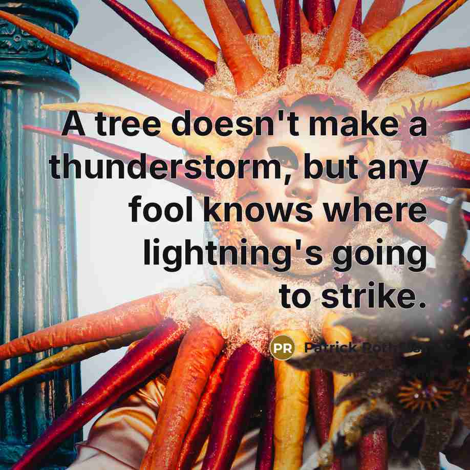 “A tree doesn't make a thunderstorm, but any fool knows where lightning's going to strike.” quote by Patrick Rothfuss