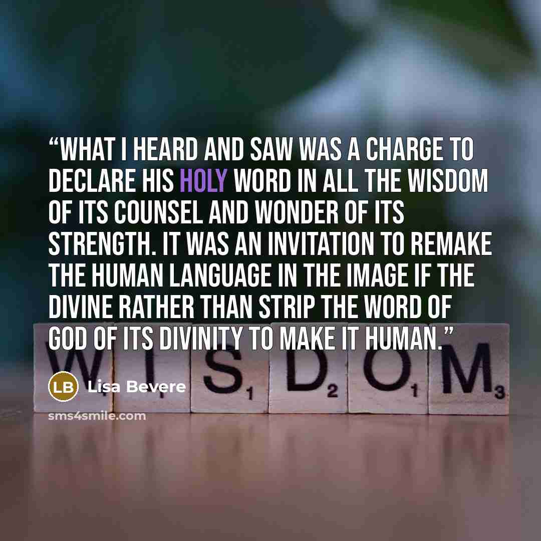 “What I heard and saw was a charge to declare his Holy Word in all the wisdom of its counsel and wonder of its strength. It was an invitation to remake the human language in the image if the divine rather than strip the Word of God of its divinity to make it human.” quote by Lisa Bevere