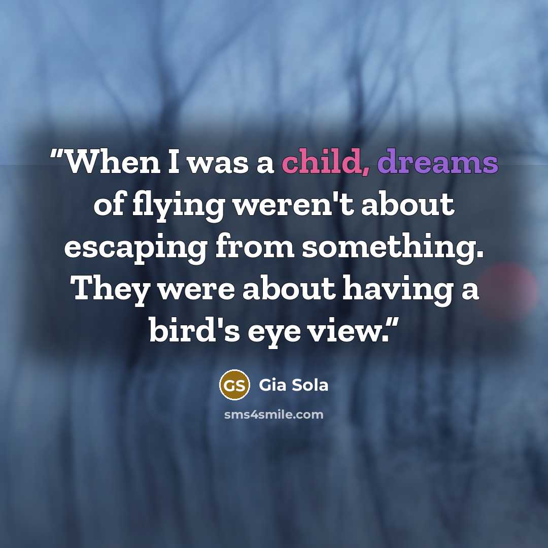 “When I was a child, dreams of flying weren't about escaping from something. They were about having a bird's eye view.” quote by Gia Sola