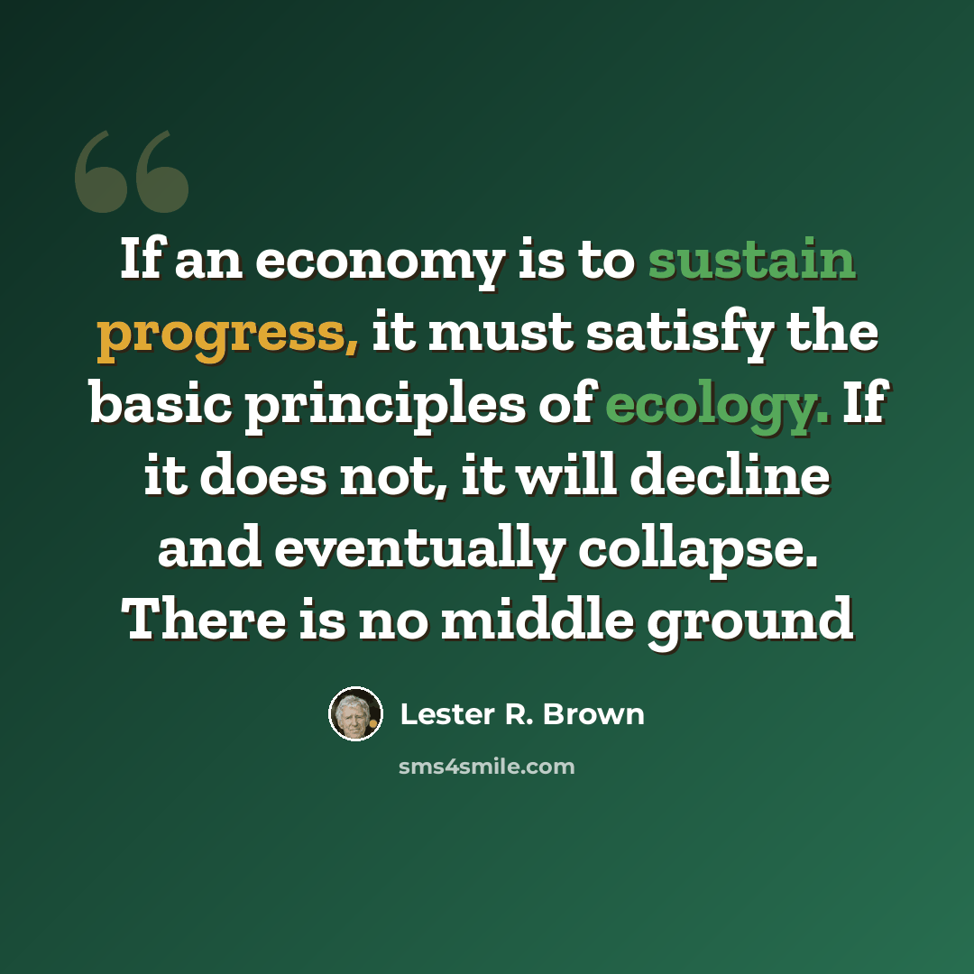 “If an economy is to sustain progress, it must satisfy the basic principles of ecology. If it does not, it will decline and eventually collapse. There is no middle ground” quote by Lester R. Brown