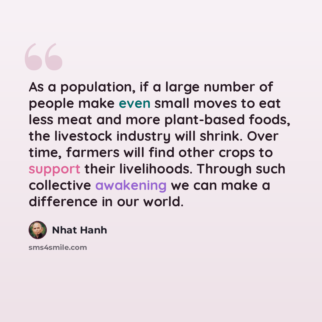 “As a population, if a large number of people make even small moves to eat less meat and more plant-based foods, the livestock industry will shrink. Over time, farmers will find other crops to support their livelihoods. Through such collective awakening we can make a difference in our world.” quote by Nhat Hanh