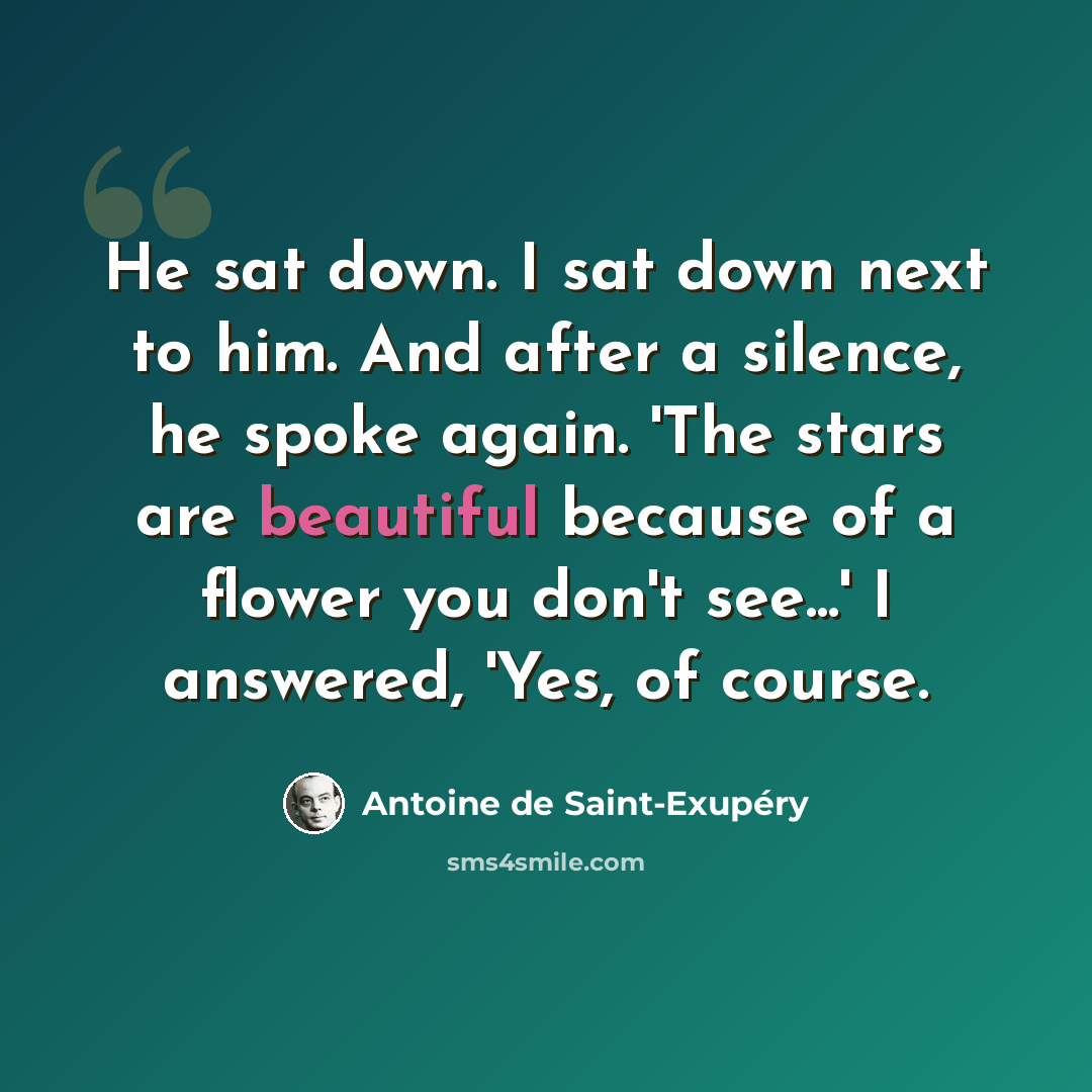 “He sat down. I sat down next to him. And after a silence, he spoke again. 'The stars are beautiful because of a flower you don't see...' I answered, 'Yes, of course.” quote by Antoine de Saint-Exupery