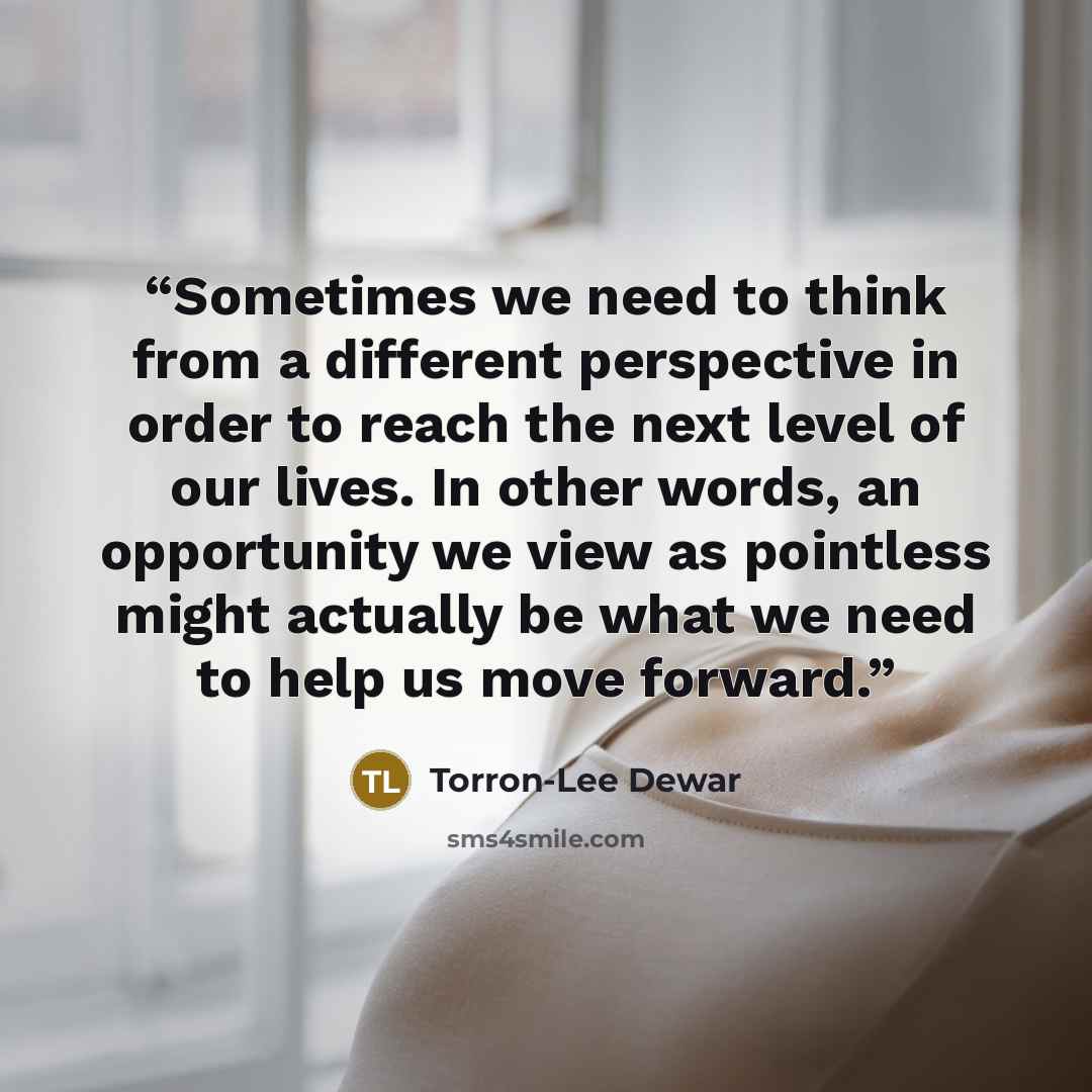 “Sometimes we need to think from a different perspective in order to reach the next level of our lives. In other words, an opportunity we view as pointless might actually be what we need to help us move forward.” quote by Torron-Lee Dewar