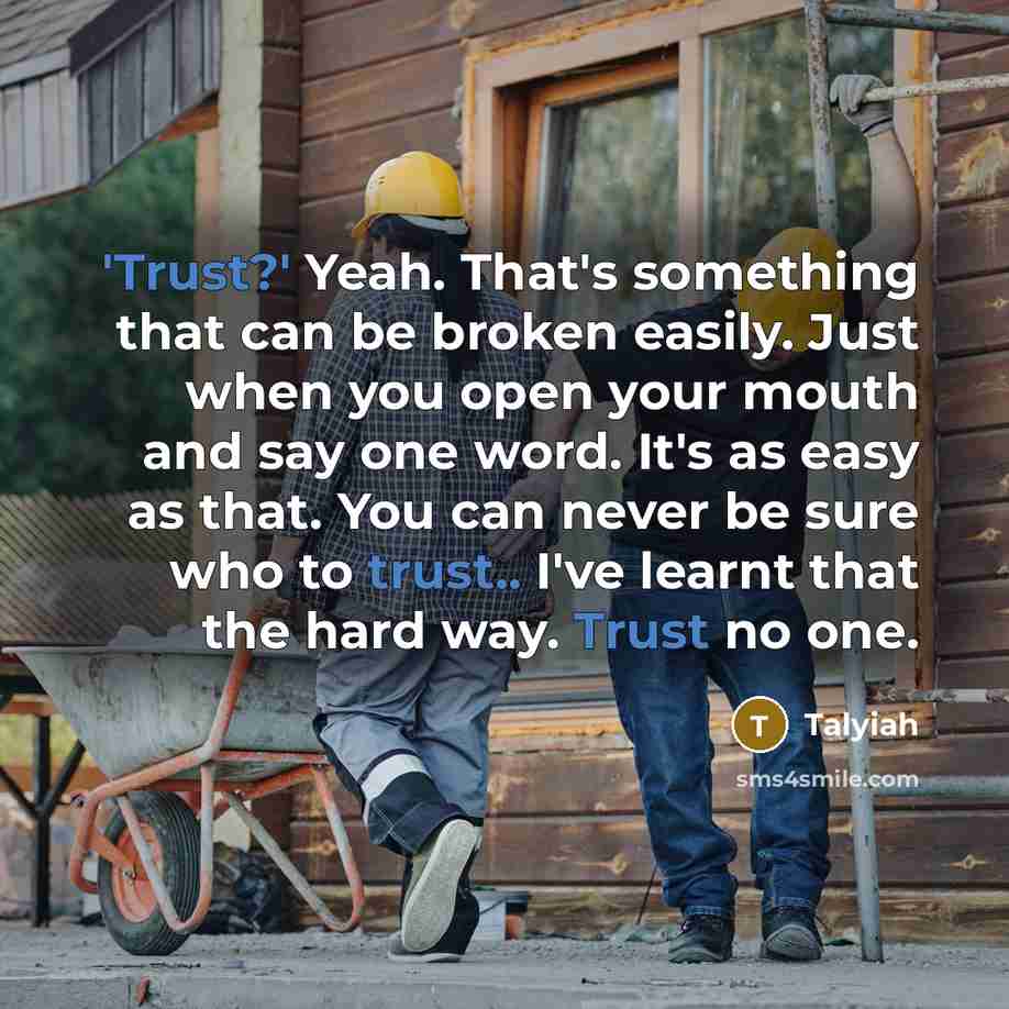 “'Trust?' Yeah. That's something that can be broken easily. Just when you open your mouth and say one word. It's as easy as that. You can never be sure who to trust.. I've learnt that the hard way. Trust no one.” quote by Talyiah