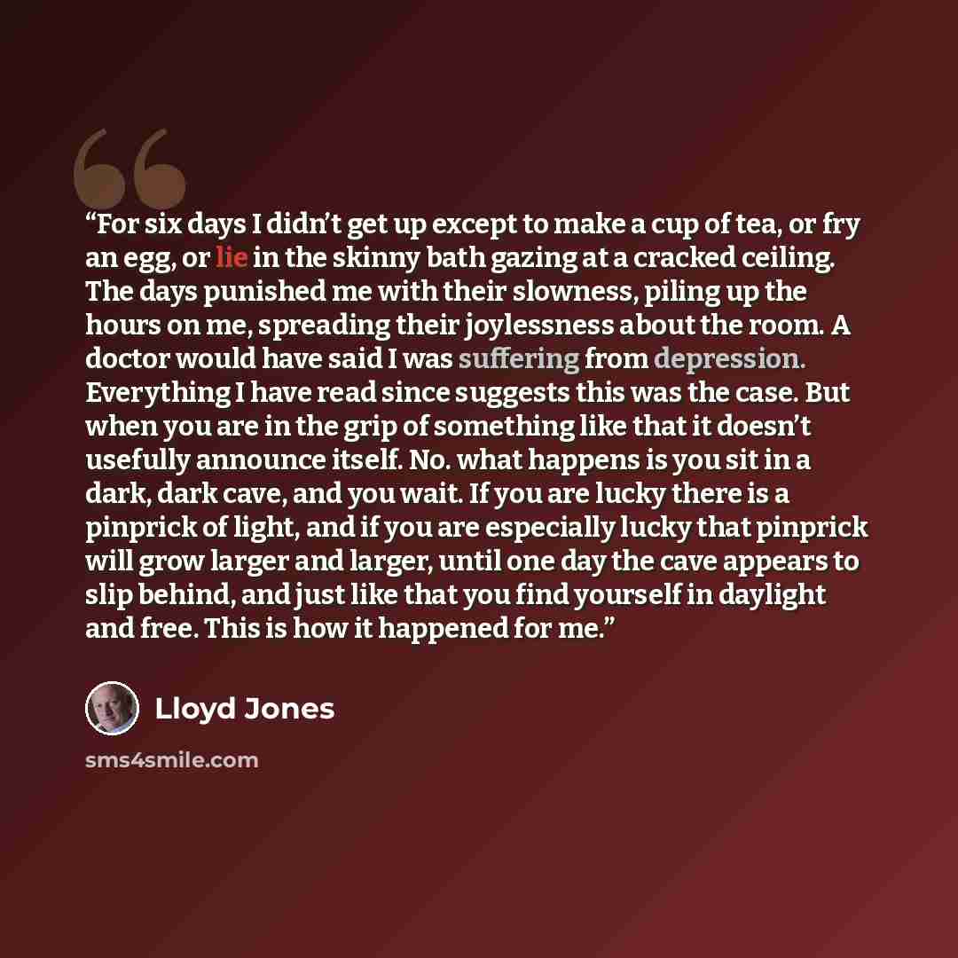 “For six days I didn’t get up except to make a cup of tea, or fry an egg, or lie in the skinny bath gazing at a cracked ceiling. The days punished me with their slowness, piling up the hours on me, spreading their joylessness about the room. A doctor would have said I was suffering from depression…” quote by Lloyd Jones