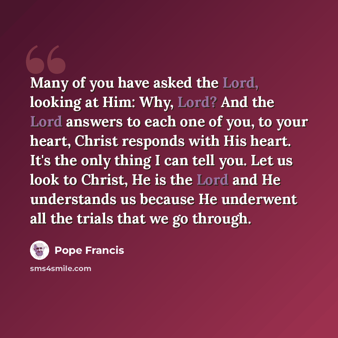 “Many of you have asked the Lord, looking at Him: Why, Lord? And the Lord answers to each one of you, to your heart, Christ responds with His heart. It's the only thing I can tell you. Let us look to Christ, He is the Lord and He understands us because He underwent all the trials that we go through.” quote by Pope Francis