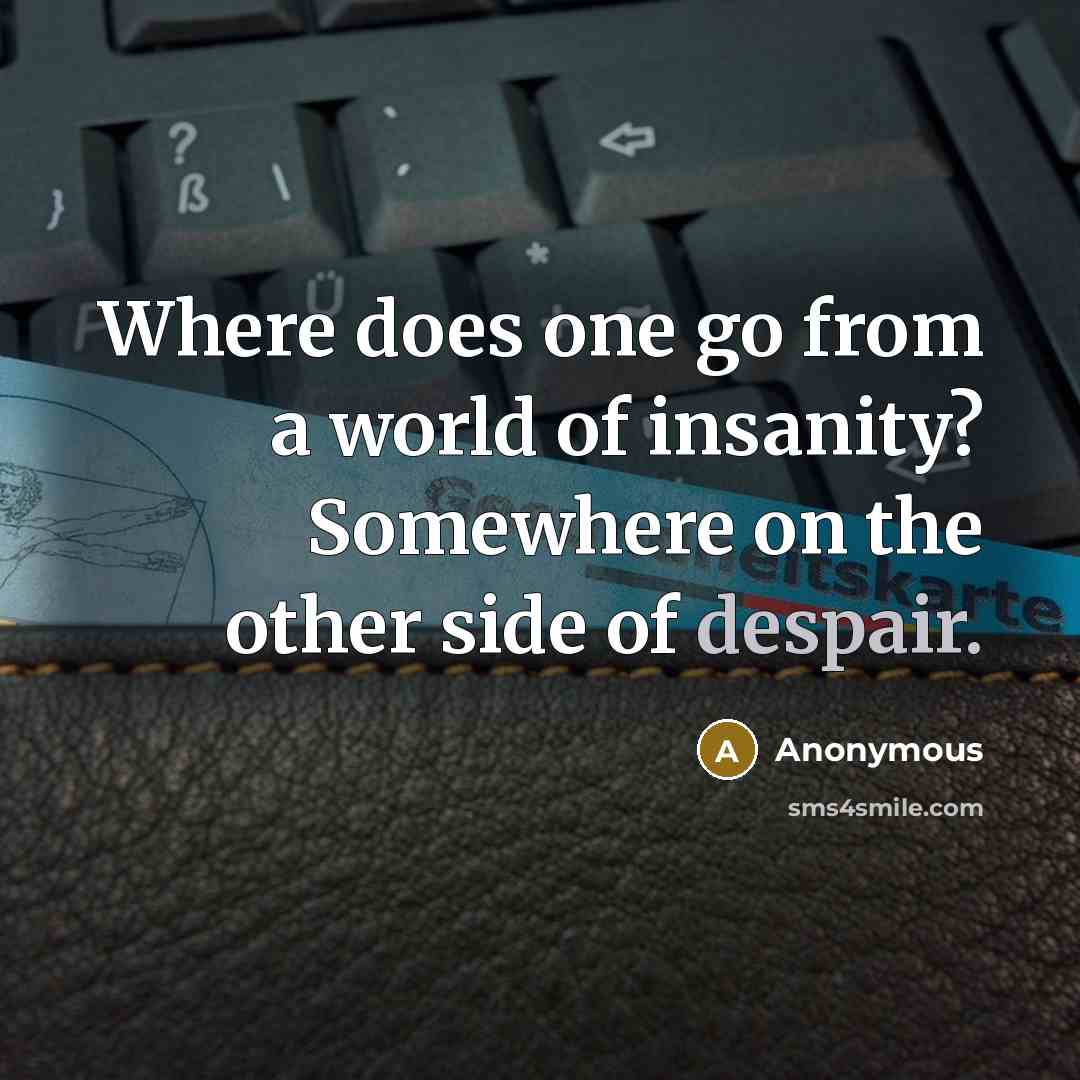 “Where does one go from a world of insanity? Somewhere on the other side of despair.” quote by Anonymous