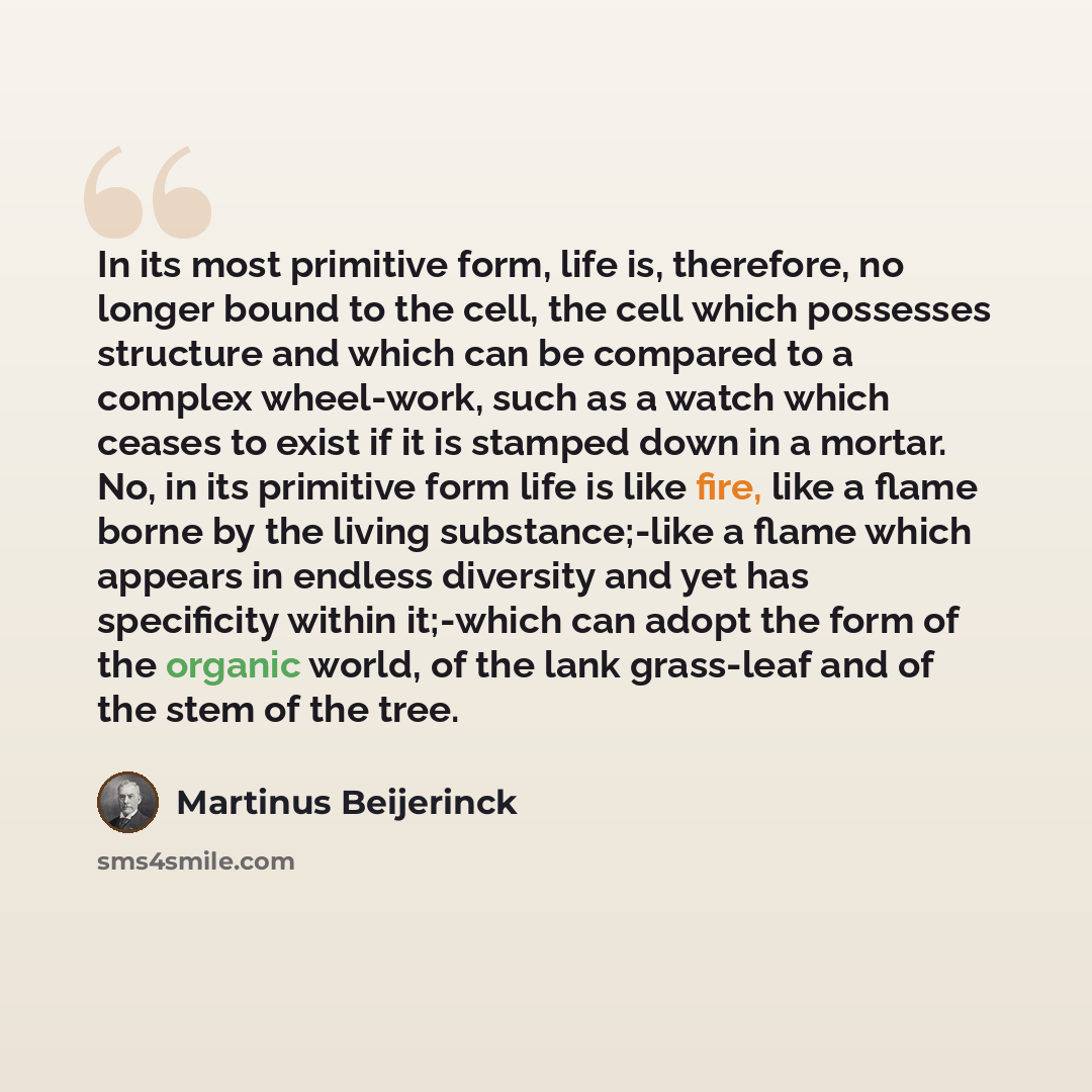 “In its most primitive form, life is, therefore, no longer bound to the cell, the cell which possesses structure and which can be compared to a complex wheel-work, such as a watch which ceases to exist if it is stamped down in a mortar. No, in its primitive form life is like fire, like a flame…” quote by Martinus Beijerinck