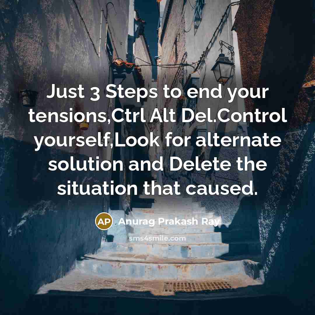 “Just 3 Steps to end your tensions,Ctrl Alt Del.Control yourself,Look for alternate solution and Delete the situation that caused.” quote by Anurag Prakash Ray