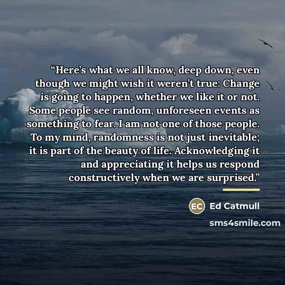 “Here’s what we all know, deep down, even though we might wish it weren’t true: Change is going to happen, whether we like it or not. Some people see random, unforeseen events as something to fear. I am not one of those people. To my mind, randomness is not just inevitable; it is part of the beauty…” quote by Ed Catmull