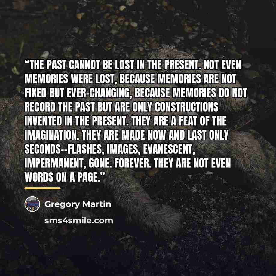 “The past cannot be lost in the present. Not even memories were lost, because memories are not fixed but ever-changing, because memories do not record the past but are only constructions invented in the present. They are a feat of the imagination. They are made now and last only seconds--flashes…” quote by Gregory Martin