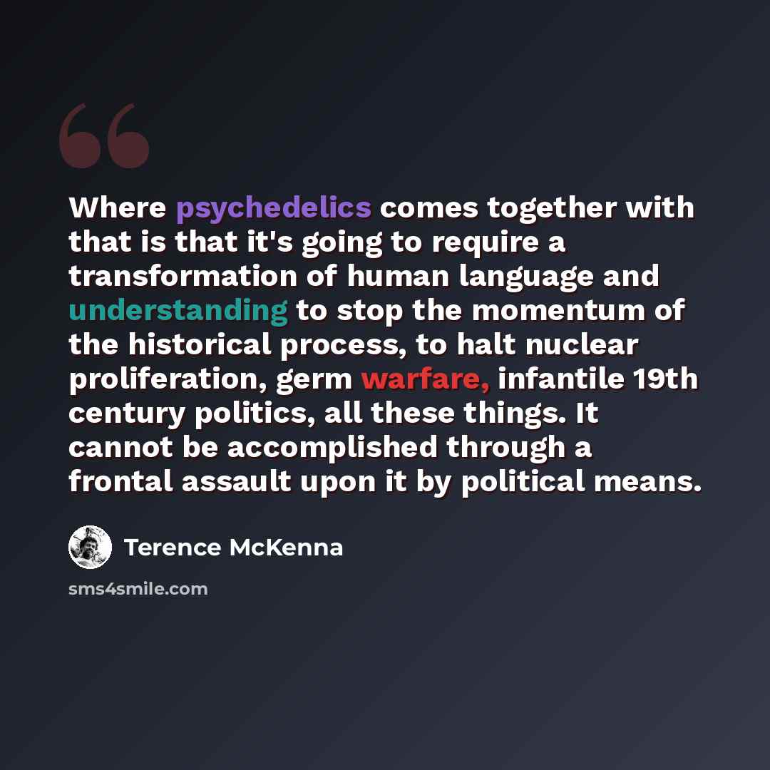 “Where psychedelics comes together with that is that it's going to require a transformation of human language and understanding to stop the momentum of the historical process, to halt nuclear proliferation, germ warfare, infantile 19th century politics, all these things. It cannot be accomplished…” quote by Terence McKenna
