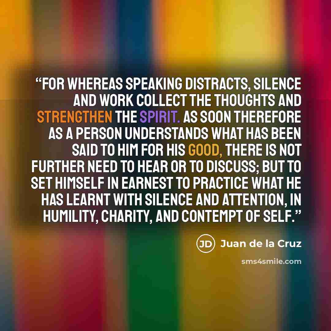 “For whereas speaking distracts, silence and work collect the thoughts and strengthen the spirit. As soon therefore as a person understands what has been said to him for his good, there is not further need to hear or to discuss; but to set himself in earnest to practice what he has learnt with…” quote by Juan de la Cruz