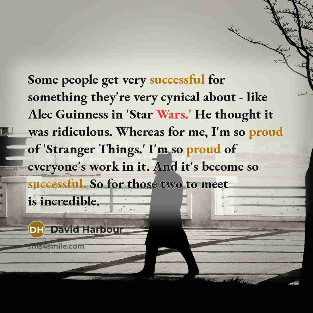 “Some people get very successful for something they're very cynical about - like Alec Guinness in 'Star Wars.' He thought it was ridiculous. Whereas for me, I'm so proud of 'Stranger Things.' I'm so proud of everyone's work in it. And it's become so successful. So for those two to meet is incredible.” quote by David Harbour