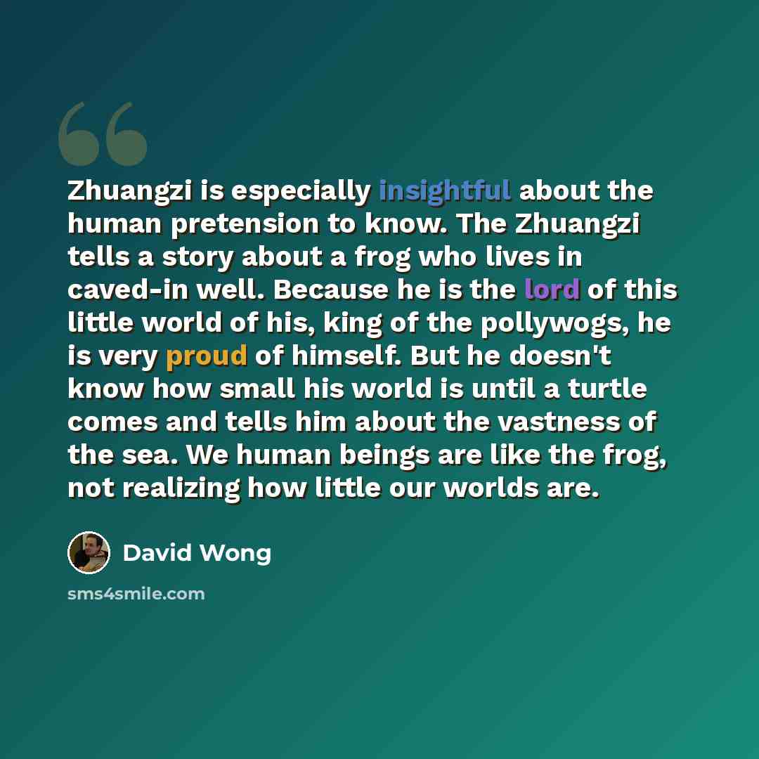 “Zhuangzi is especially insightful about the human pretension to know. The Zhuangzi tells a story about a frog who lives in caved-in well. Because he is the lord of this little world of his, king of the pollywogs, he is very proud of himself. But he doesn't know how small his world is until a…” quote by David Wong