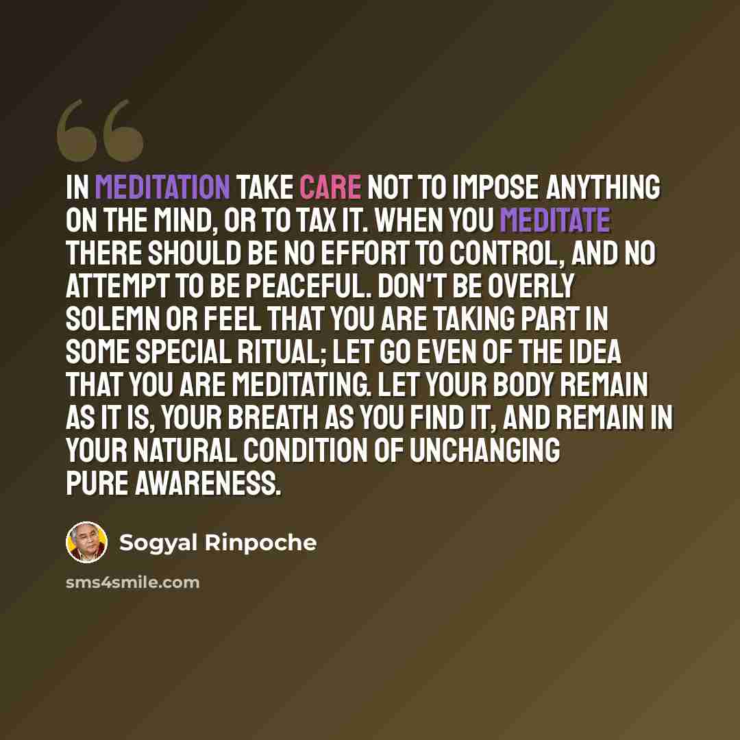 “In meditation take care not to impose anything on the mind, or to tax it. When you meditate there should be no effort to control, and no attempt to be peaceful. Don't be overly solemn or feel that you are taking part in some special ritual; let go even of the idea that you are meditating. Let your…” quote by Sogyal Rinpoche