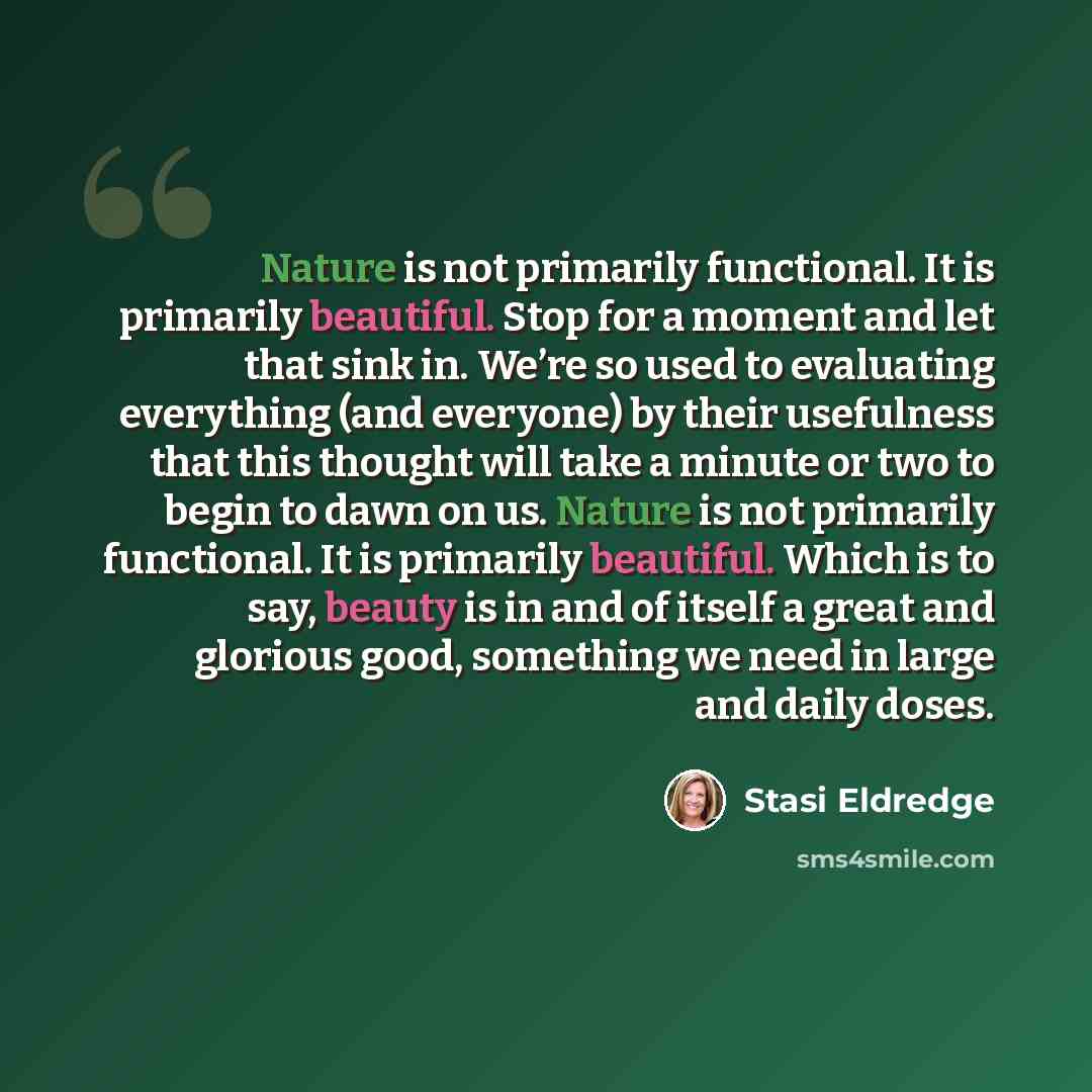 “Nature is not primarily functional. It is primarily beautiful. Stop for a moment and let that sink in. We’re so used to evaluating everything (and everyone) by their usefulness that this thought will take a minute or two to begin to dawn on us. Nature is not primarily functional. It is primarily…” quote by Stasi Eldredge