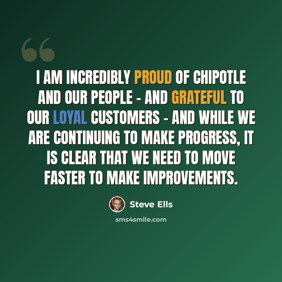 “I am incredibly proud of Chipotle and our people - and grateful to our loyal customers - and while we are continuing to make progress, it is clear that we need to move faster to make improvements.” quote by Steve Ells