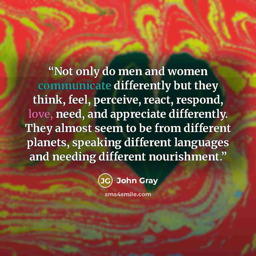 “Not only do men and women communicate differently but they think, feel, perceive, react, respond, love, need, and appreciate differently. They almost seem to be from different planets, speaking different languages and needing different nourishment.” quote by John Gray