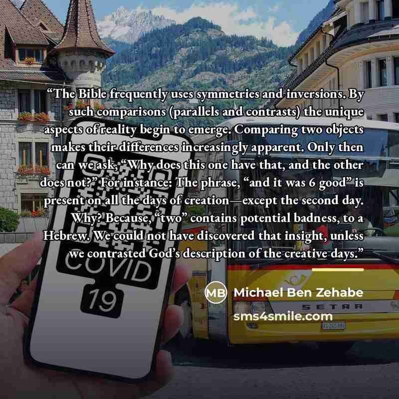 “The Bible frequently uses symmetries and inversions. By such comparisons (parallels and contrasts) the unique aspects of reality begin to emerge. Comparing two objects makes their differences increasingly apparent. Only then can we ask, “Why does this one have that, and the other does not?” For…” quote by Michael Ben Zehabe