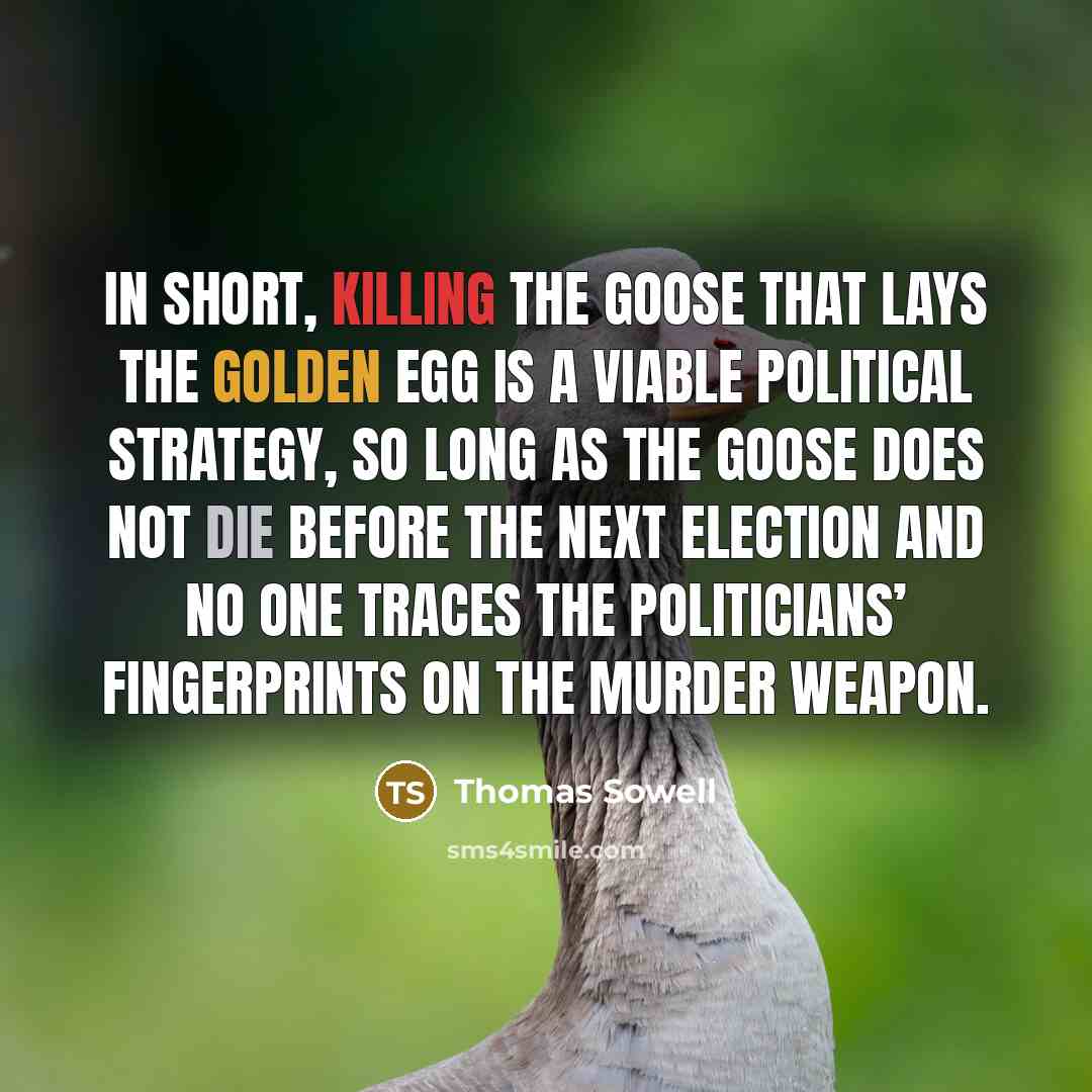 “In short, killing the goose that lays the golden egg is a viable political strategy, so long as the goose does not die before the next election and no one traces the politicians’ fingerprints on the murder weapon.” quote by Thomas Sowell