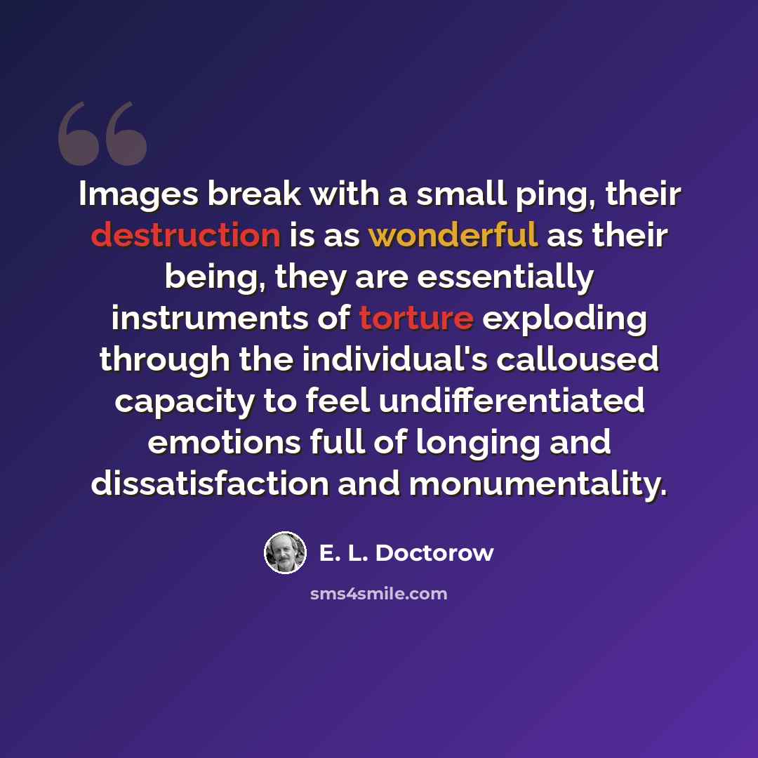 “Images break with a small ping, their destruction is as wonderful as their being, they are essentially instruments of torture exploding through the individual's calloused capacity to feel undifferentiated emotions full of longing and dissatisfaction and monumentality.” quote by E. L. Doctorow