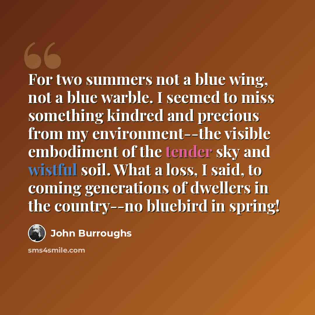 “For two summers not a blue wing, not a blue warble. I seemed to miss something kindred and precious from my environment--the visible embodiment of the tender sky and wistful soil. What a loss, I said, to coming generations of dwellers in the country--no bluebird in spring!” quote by John Burroughs