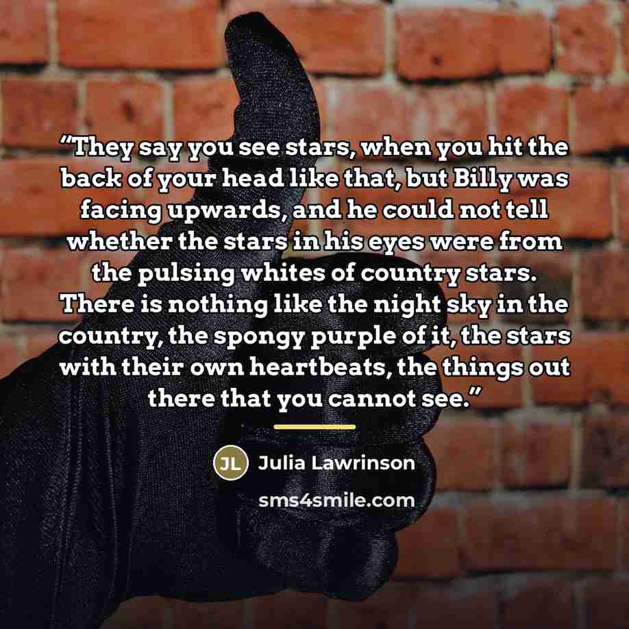 “They say you see stars, when you hit the back of your head like that, but Billy was facing upwards, and he could not tell whether the stars in his eyes were from the pulsing whites of country stars. There is nothing like the night sky in the country, the spongy purple of it, the stars with their…” quote by Julia Lawrinson