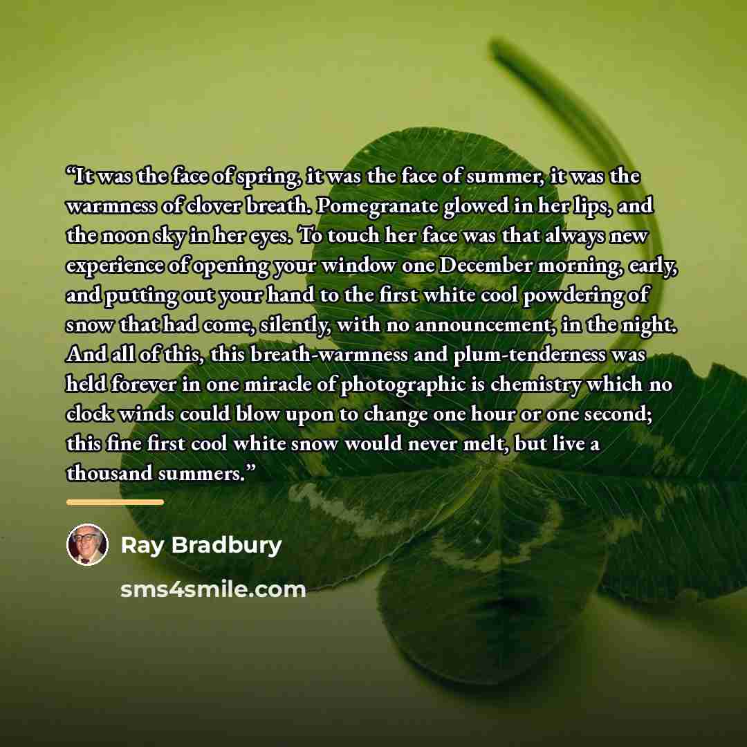 “It was the face of spring, it was the face of summer, it was the warmness of clover breath. Pomegranate glowed in her lips, and the noon sky in her eyes. To touch her face was that always new experience of opening your window one December morning, early, and putting out your hand to the first…” quote by Ray Bradbury