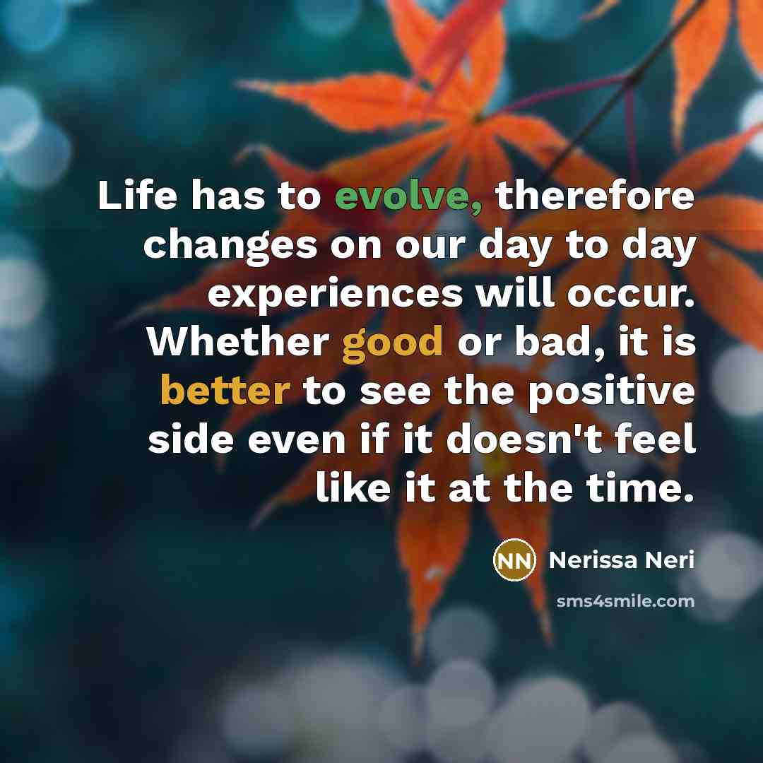 “Life has to evolve, therefore changes on our day to day experiences will occur. Whether good or bad, it is better to see the positive side even if it doesn't feel like it at the time.” quote by Nerissa Neri
