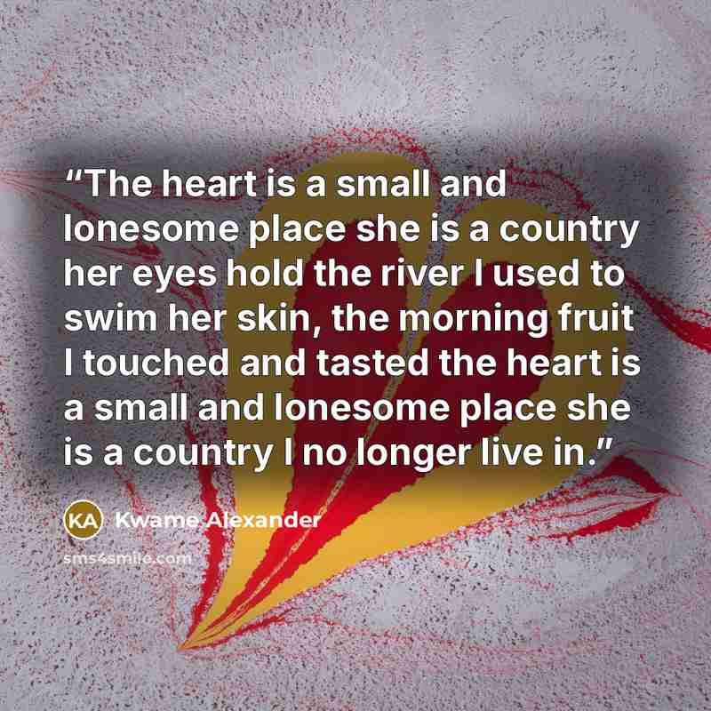 “The heart is a small and lonesome place she is a country her eyes hold the river I used to swim her skin, the morning fruit I touched and tasted the heart is a small and lonesome place she is a country I no longer live in.” quote by Kwame Alexander