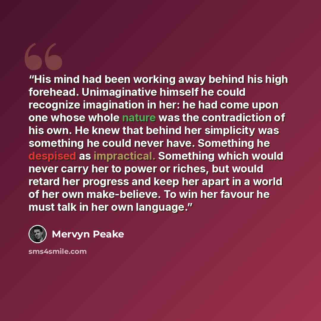 “His mind had been working away behind his high forehead. Unimaginative himself he could recognize imagination in her: he had come upon one whose whole nature was the contradiction of his own. He knew that behind her simplicity was something he could never have. Something he despised as…” quote by Mervyn Peake