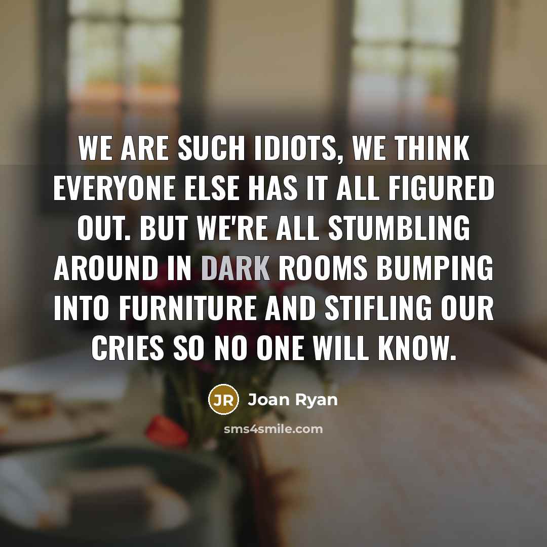 “We are such idiots, We think everyone else has it all figured out. But we're all stumbling around in dark rooms bumping into furniture and stifling our cries so no one will know.” quote by Joan Ryan