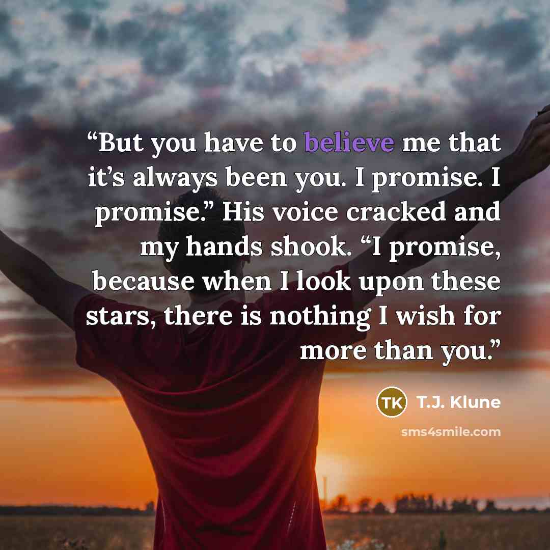 “But you have to believe me that it’s always been you. I promise. I promise.” His voice cracked and my hands shook. “I promise, because when I look upon these stars, there is nothing I wish for more than you.” quote by T.J. Klune