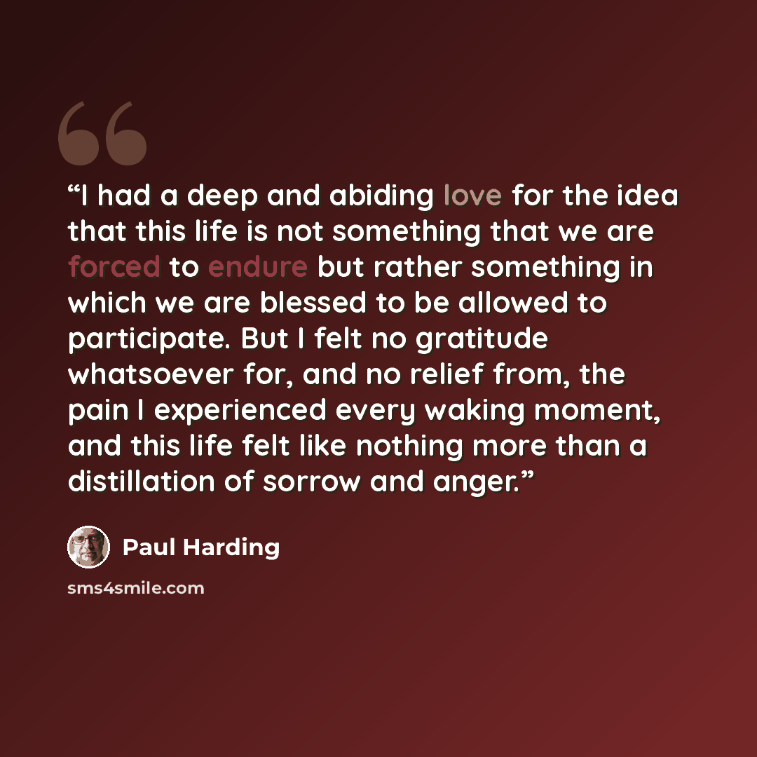 “I had a deep and abiding love for the idea that this life is not something that we are forced to endure but rather something in which we are blessed to be allowed to participate. But I felt no gratitude whatsoever for, and no relief from, the pain I experienced every waking moment, and this life…” quote by Paul Harding