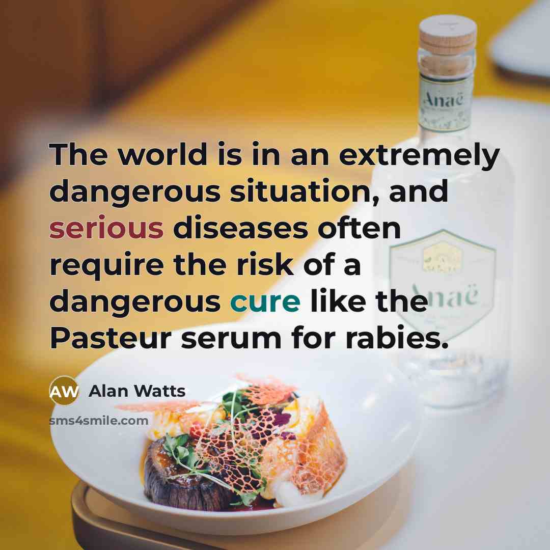 “The world is in an extremely dangerous situation, and serious diseases often require the risk of a dangerous cure like the Pasteur serum for rabies.” quote by Alan Watts